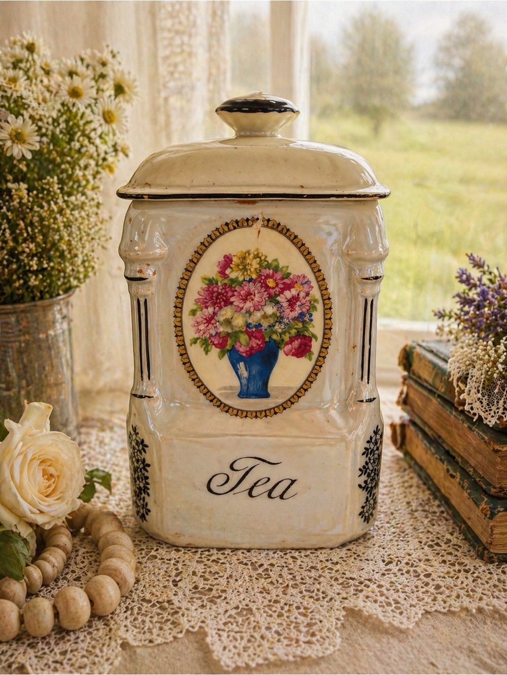 Vintage Floral Tea Canister - Cream with Blue Vase Bouquet